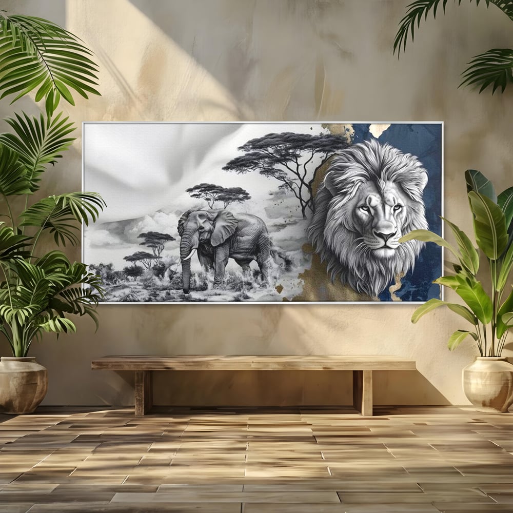 Tablou canvas cu tablou canvas cu leu si elefant, in rama de aluminiu argintiu